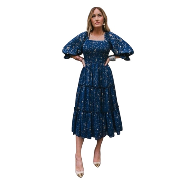 Ivy City Co Dresses & Skirts - IVY CITY CO Starry Nights Navy Blue Gold Star Midi Dress Size XXL Holiday Party